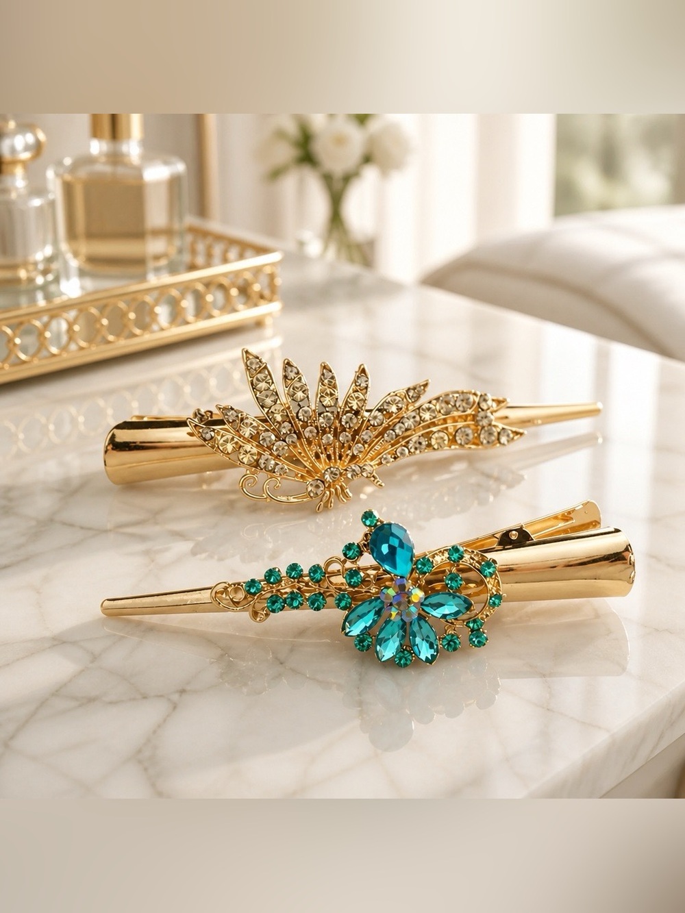 2 Gold-tone Hair Clamps with Teal Crystal Accents - Decorative Hair Accessories